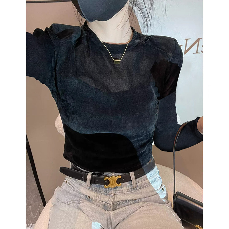 秋季时尚百搭女神范修身短款丝绒上衣女设计感小众垫肩长袖T恤潮,女装/女士精品,T恤,淘宝优惠券,粉丝福利购,淘宝优惠卷
