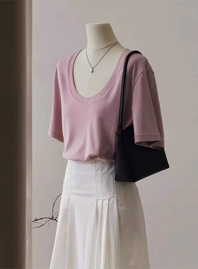 法式u领正肩短袖t恤女夏季宽松显瘦内搭打底衫体恤大领口别致上衣