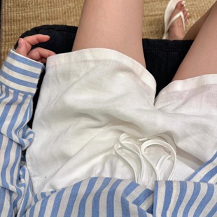 白色亚麻短裤女夏季2025新款宽松休闲运动风松紧腰a字直筒五分裤