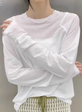 白色正肩长袖T恤女2026早春新款气质内搭打底衫宽松慵懒罩衫上衣
