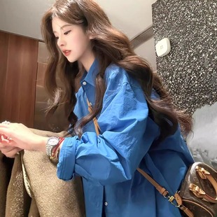 克莱因蓝色长袖衬衫外套女2025秋季新款韩系衬衣超好看设计感上衣
