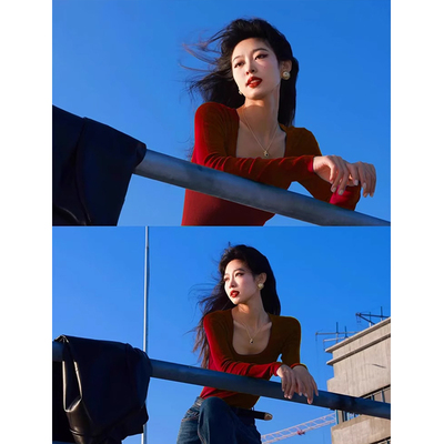 【送运费险】设计感红色打底衫女