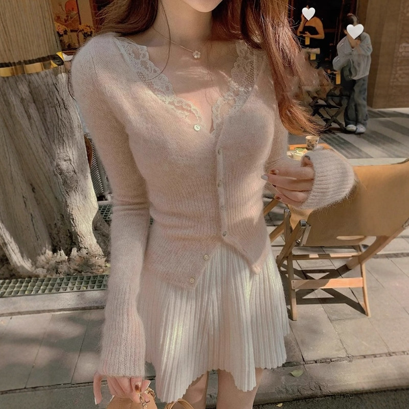 温柔风蕾丝v领针织开衫女秋冬纯欲风修身毛衣内搭打底衫收腰上衣,女装/女士精品,毛针织衫,淘宝优惠券,粉丝福利购,淘宝优惠卷