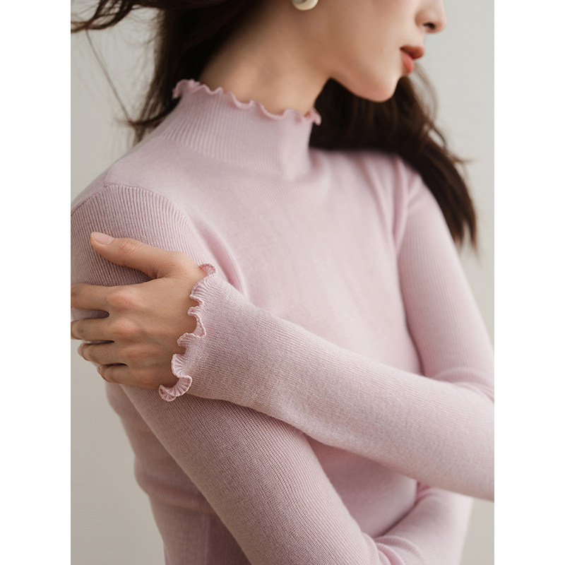 木耳边半高领针织打底衫秋冬别致绝美修身毛衣洋气粉紫色内搭上衣,女装/女士精品,毛针织衫,淘宝优惠券,粉丝福利购,淘宝优惠卷