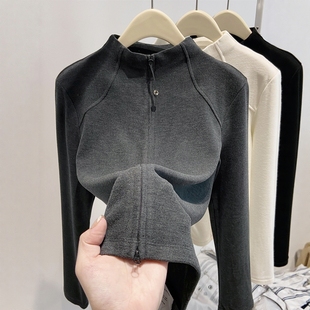 深灰色半高领弹力德绒打底衫女秋冬双拉链开衫外套修身卫衣内搭潮