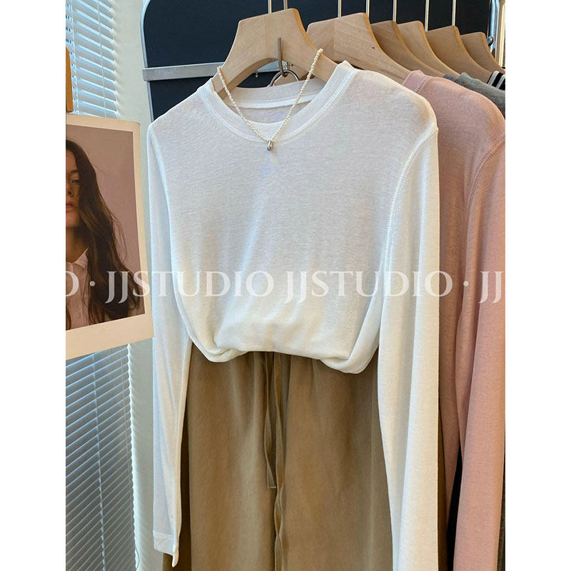 韩系天丝羊毛面膜T女2026新款春装白色内搭打底针织衫长袖T恤上衣