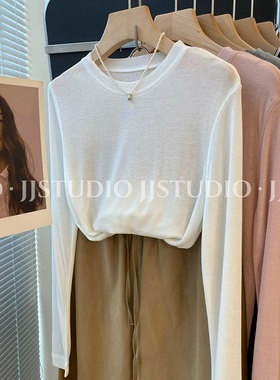 韩系天丝羊毛面膜T女2026新款春装白色内搭打底针织衫长袖T恤上衣