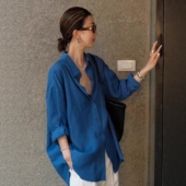 外套薄款 松弛感百搭开衫 宽松棉麻蓝色衬衣 衬衫 高级感亚麻防晒长袖