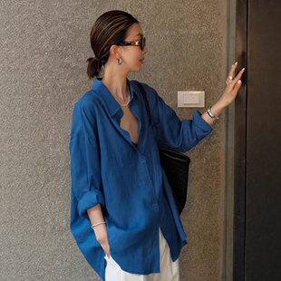 高级感亚麻防晒长袖衬衫松弛感百搭开衫外套薄款宽松棉麻蓝色衬衣