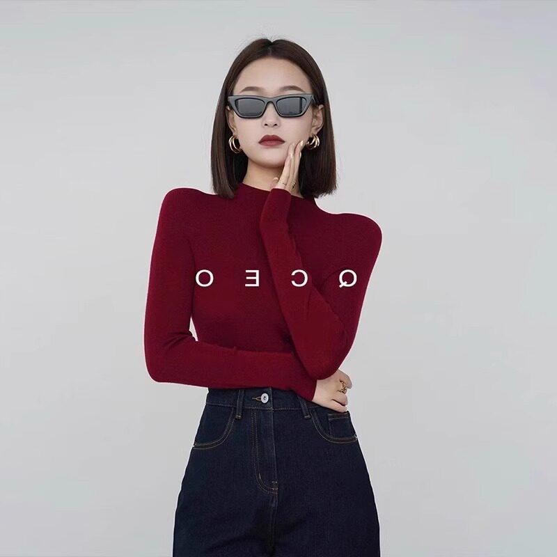 新年红色半高领羊毛针织衫女秋冬软糯毛衣打底衫气质修身内搭上衣