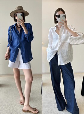 法式白色亚麻长袖衬衫女夏季薄款宽松老钱风棉麻衬衣外搭防晒上衣