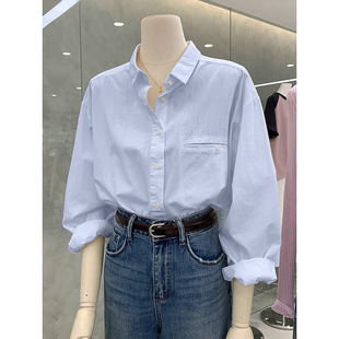 法式蓝色衬衫女2025早春新款宽松休闲设计感白色衬衣气质百搭上衣