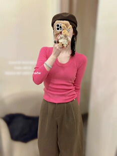 百搭上衣女 女秋冬洋气玫粉色修身 绝美漂亮u领软糯长袖 针织打底衫