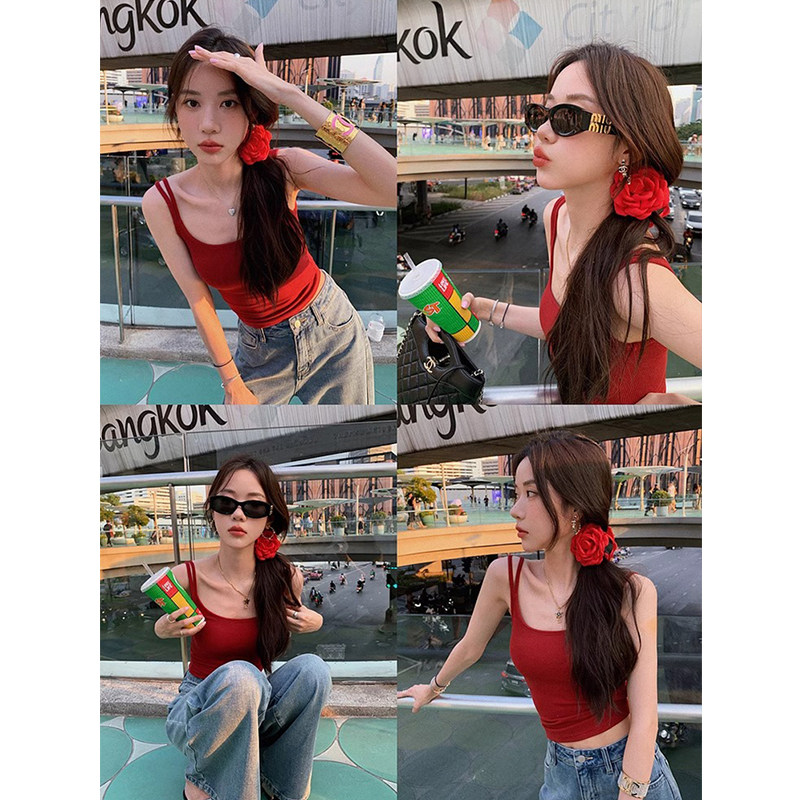 美背红色带胸垫双肩吊带背心女夏季外穿内搭打底独特精致绝美上衣,女装/女士精品,背心吊带,淘宝优惠券,粉丝福利购,淘宝优惠卷