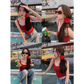 美背红色带胸垫双肩吊带背心女夏季 外穿内搭打底独特精致绝美上衣