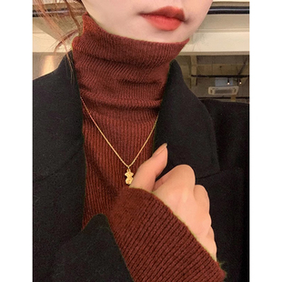焦糖色高级感软糯高领针织打底衫女秋冬修身显瘦长袖毛衣内搭上衣
