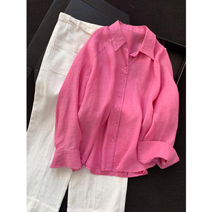树莓粉色亚麻防晒衬衫女夏季高级感宽松休闲高端衬衣独特漂亮上衣