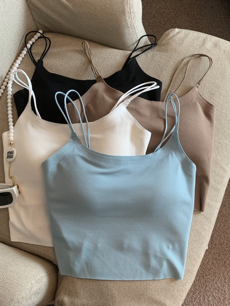 ins奶油风蓝色吊带背心女夏季带胸垫无痕细肩带气质修身短款上衣