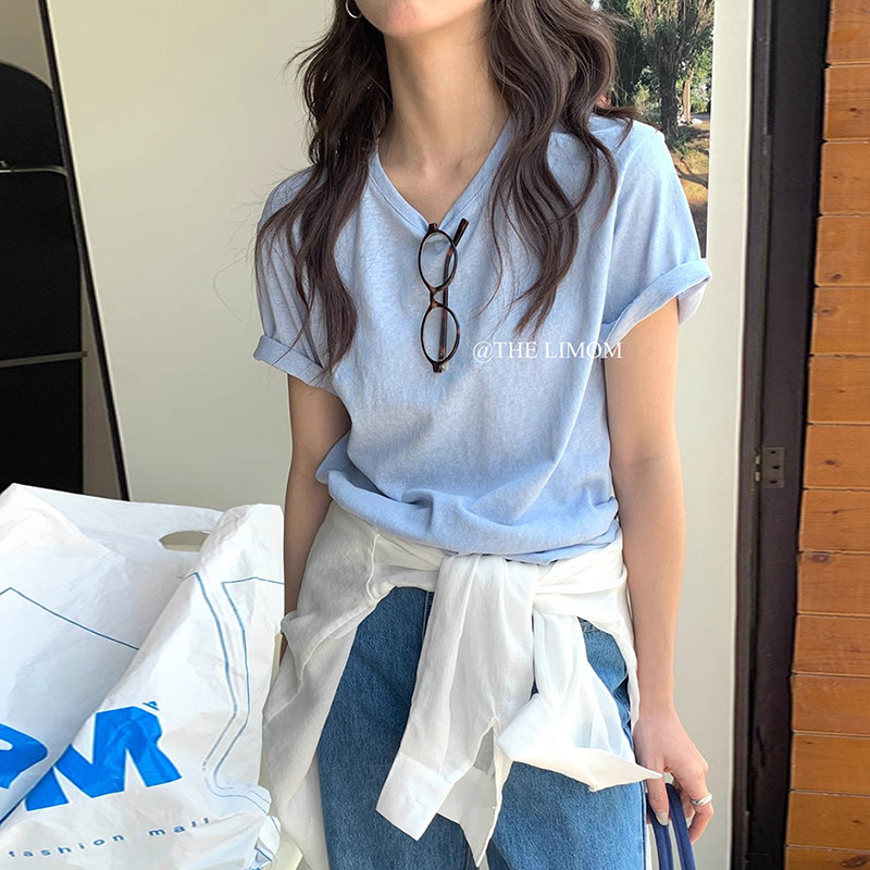正肩奶蓝色圆领短袖T恤女夏季韩系休闲慵懒宽松显瘦半袖体恤上衣,女装/女士精品,T恤,淘宝优惠券,粉丝福利购,淘宝优惠卷
