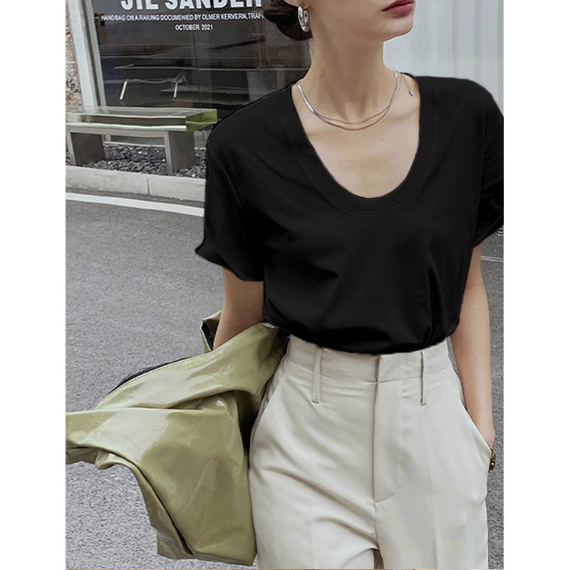 黑色u领短袖t恤女夏季纯棉大领口宽松体恤设计感小众正肩显瘦上衣