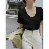 黑色u领短袖 纯棉大领口宽松体恤设计感小众正肩显瘦上衣 t恤女夏季