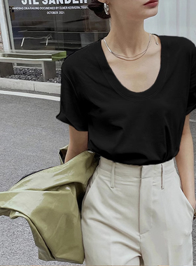 黑色u领短袖t恤女夏季纯棉大领口宽松体恤设计感小众正肩显瘦上衣