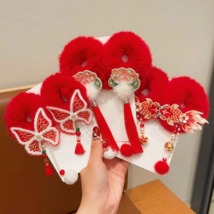 新年发饰儿童红色喜庆发圈小女孩中国风毛绒流苏皮筋女童过年头饰