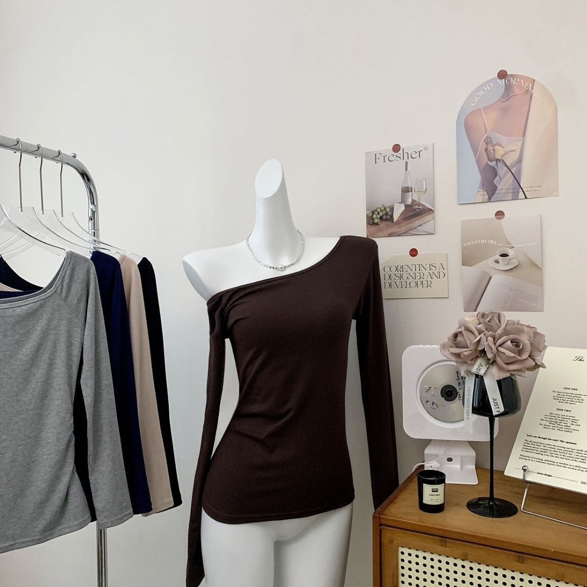 纯色美式辣妹斜领露肩长袖T恤女秋冬收腰不对称显瘦上衣打底衫潮