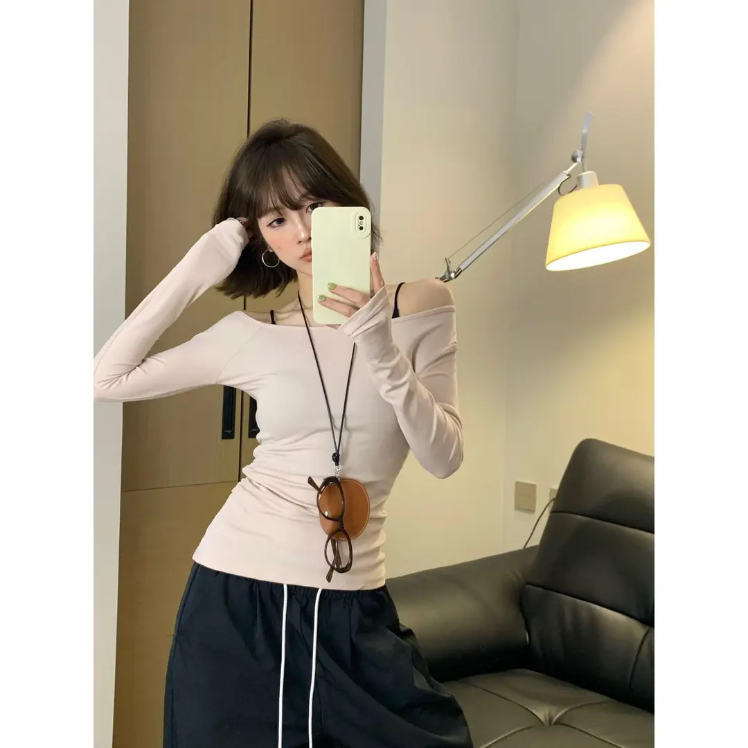 纯欲辣妹修身显瘦露肩长袖T恤女装春夏小众设计感百搭打底衫上衣