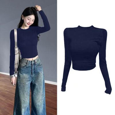 圆领正肩T恤女秋冬季小个子打底衫辣妹修身内搭套头短款长袖上衣