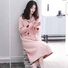 睡衣女秋冬加厚纯棉夹层睡袍韩版甜美性感长款浴袍晨袍夹棉家居服
