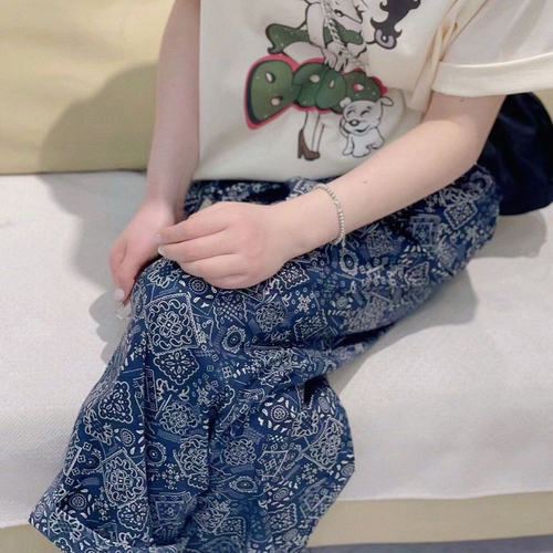 2025碎花蓝图形直筒睡裤80-300斤可穿宽松显瘦松紧腰家居遛弯裤女