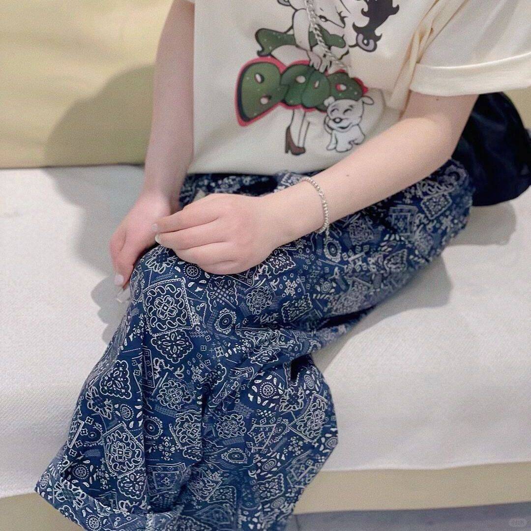 大码夏季蓝图形睡裤80-300可穿女夏季薄款可穿家居裤遛弯裤