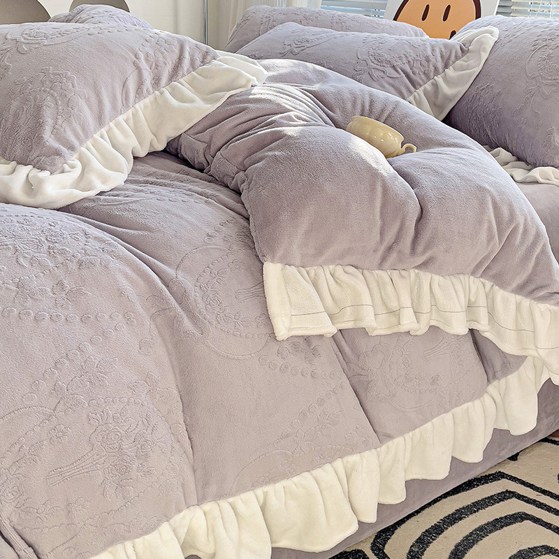 ins公主风牛奶绒四件套秋冬季珊瑚绒床上用品双面法兰绒被套床单