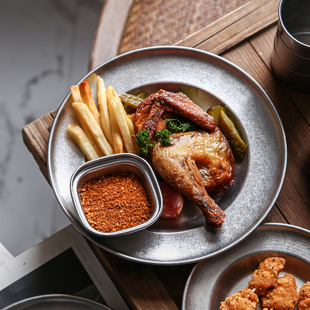 复古做旧不锈钢草帽盘意面盘沙拉小吃烧烤盘西餐盘子户外餐具泰餐