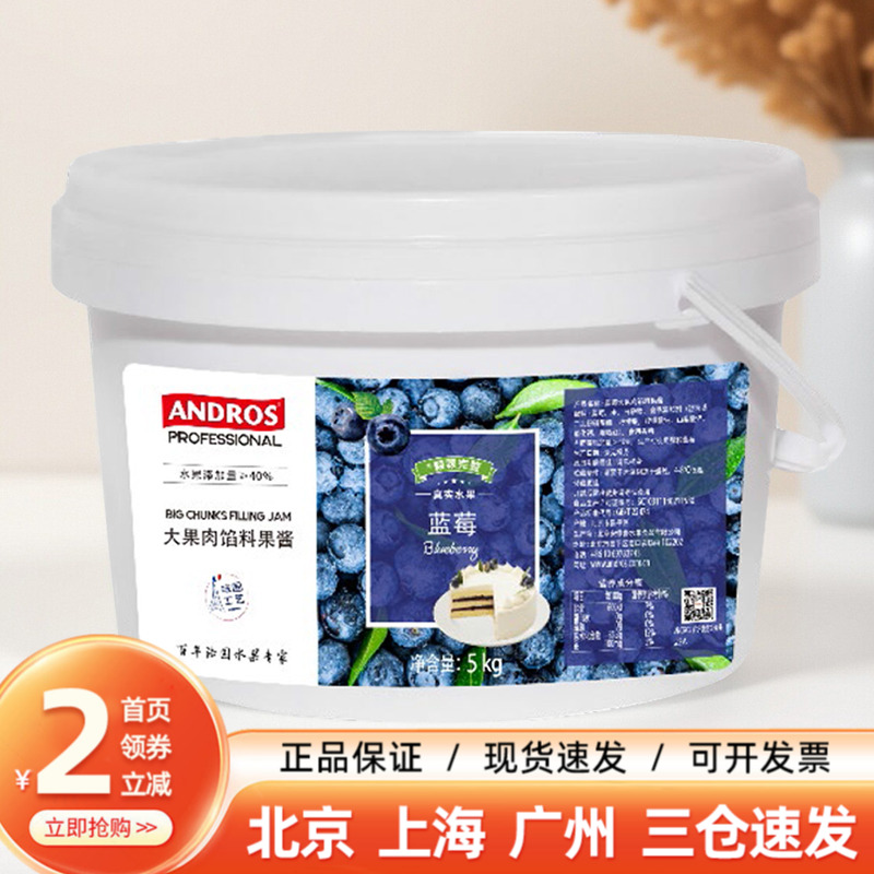 Andros安德鲁蓝莓馅料果酱5kg面包夹心大果肉馅料酱商用大桶整箱
