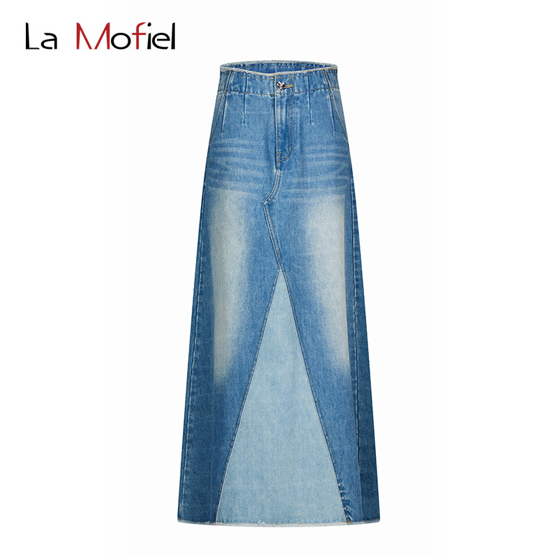 La Mofiel/蓦霏水洗高腰A摆牛仔拼色长裙休闲半身裙复古时尚潮流