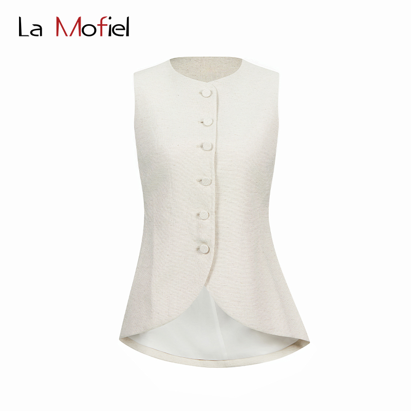 La Mofiel/蓦霏燕尾设计棉麻触感无袖西装马甲背心女内搭全麻职场