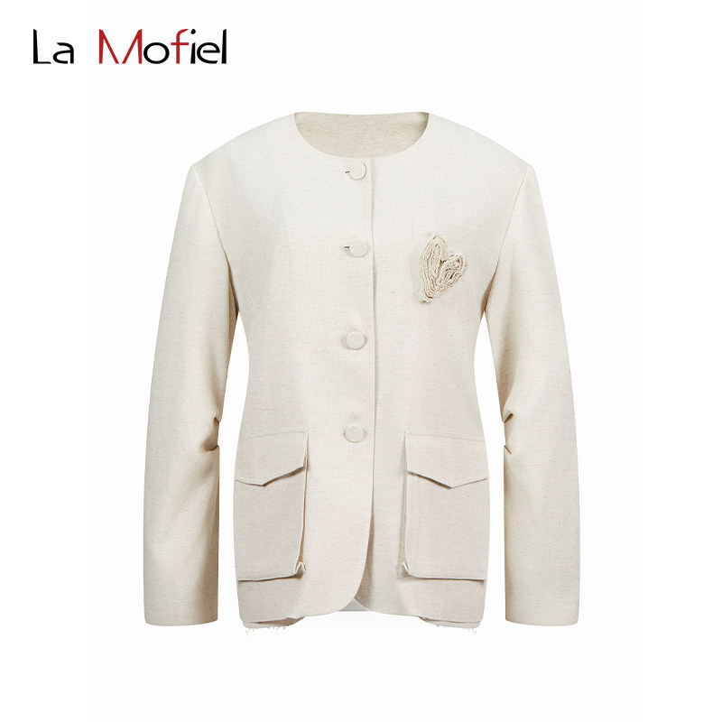 La Mofiel/蓦霏手工爱心装饰棉麻触感圆领休闲西装套装设计师品牌