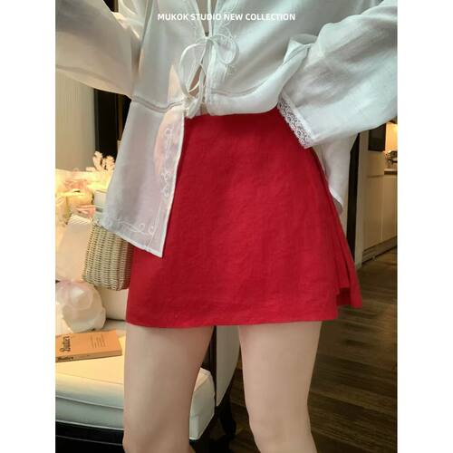 红色A字高腰显瘦防走光裤裙