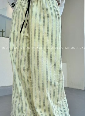 2025夏款韩版时尚条黄色纹裤女夏薄款高腰直筒休闲阔腿裤长裤防晒