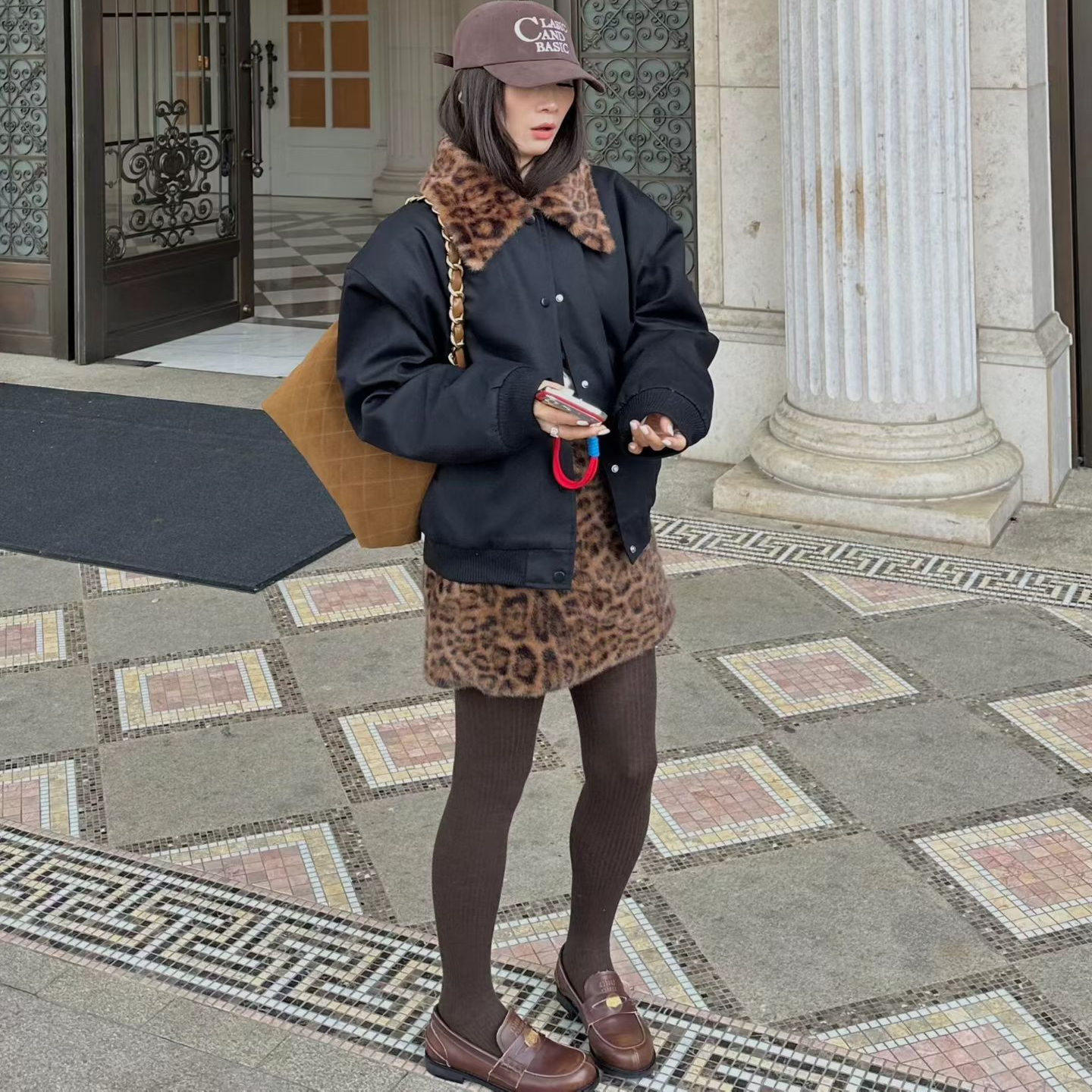 韩系豹纹拼接翻领夹克外套套装