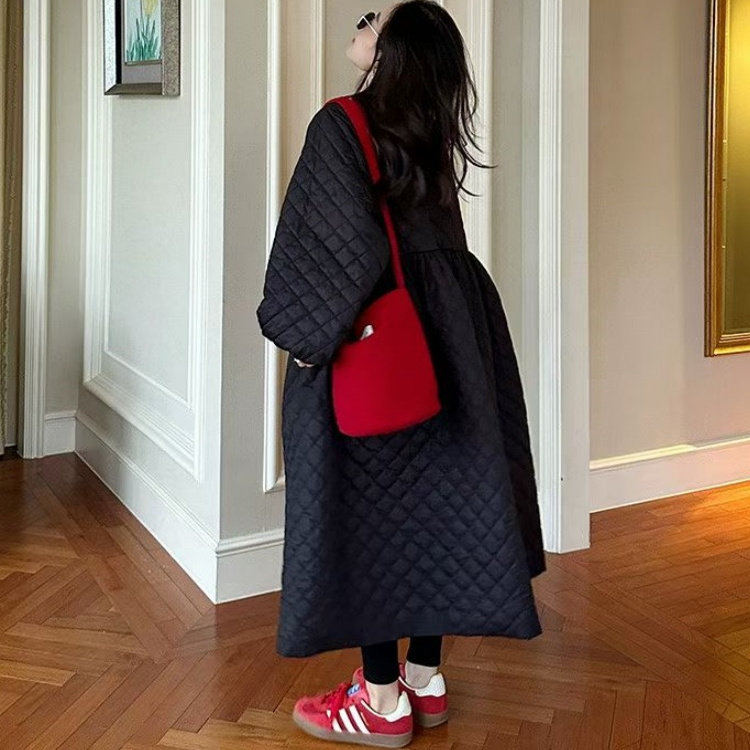 25ss冬季韩版菱格压棉加厚棉服女洋气百搭长款收腰显瘦黑色棉衣