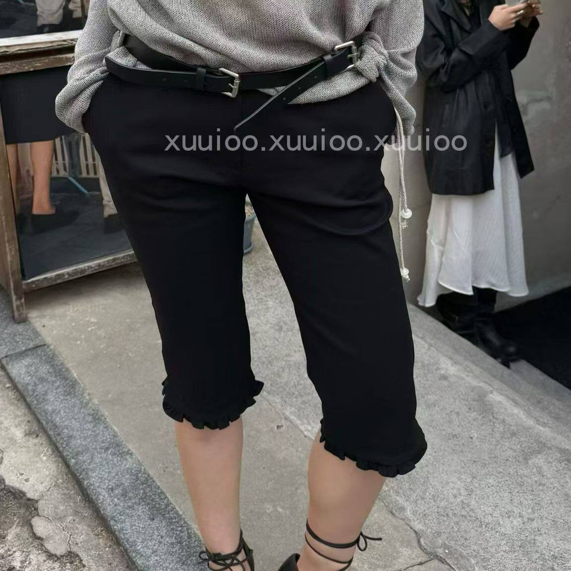 超显瘦木耳边直筒五分裤女黑色百搭休闲裤夏季薄款中裤