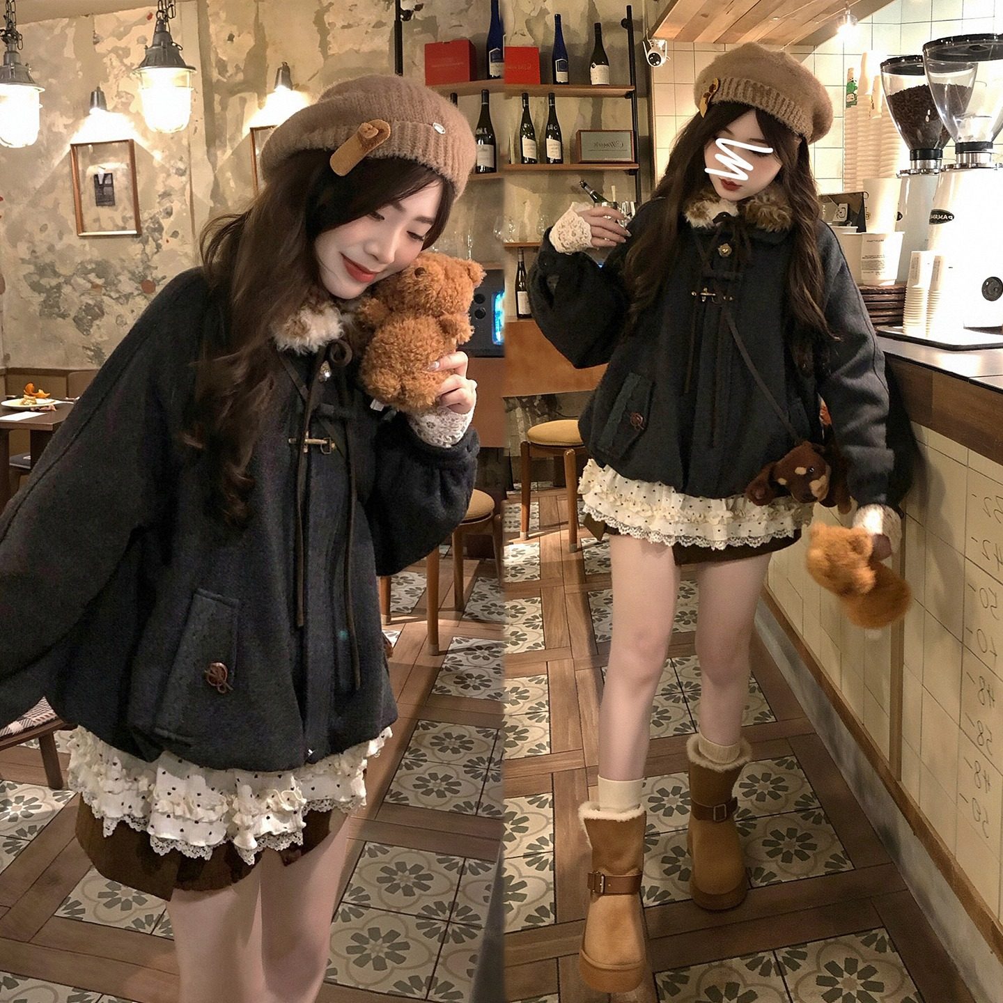 时尚复古风可拆卸毛领咖色夹棉花苞外套宽松保暖棉服叠穿蕾丝衬衫