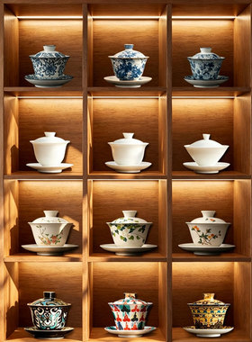 中式茶室书房博古架宋代美学功夫茶具盖碗茶碗复古高级感软装套装