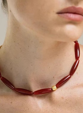瓶系列橄榄形红玛瑙串珠项链复古风轻奢气质锁骨链小众设计款项链