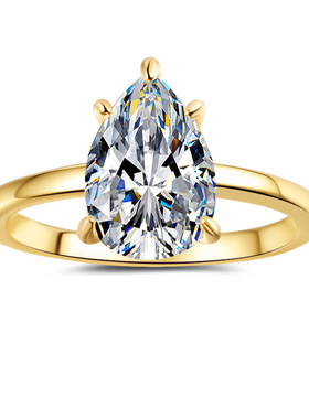 跨境热卖925纯银戒指镀18K金戒子时尚简约水滴梨形莫桑石指环批发