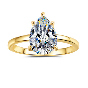 跨境热卖 简约水滴梨形莫桑石指环批发 925纯银戒指镀18K金戒子时尚