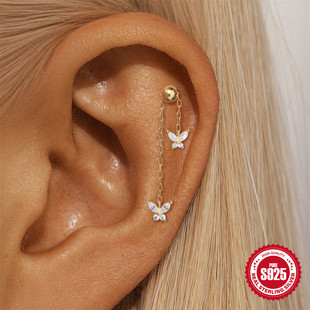 925纯银镀真金个性 18k流苏链条可调节镶钻圆珠螺纹穿刺耳骨钉耳环